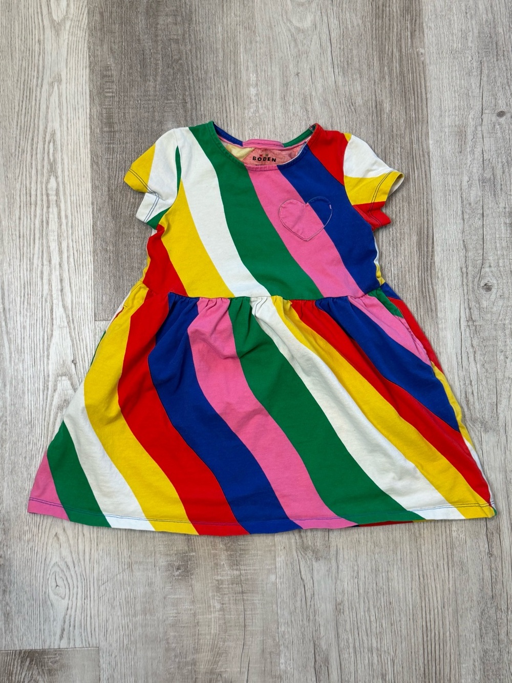 Mini Boden Girls Rainbow Striped Cotton Jersey Heart Pocket Dress Suze 6-7 Years